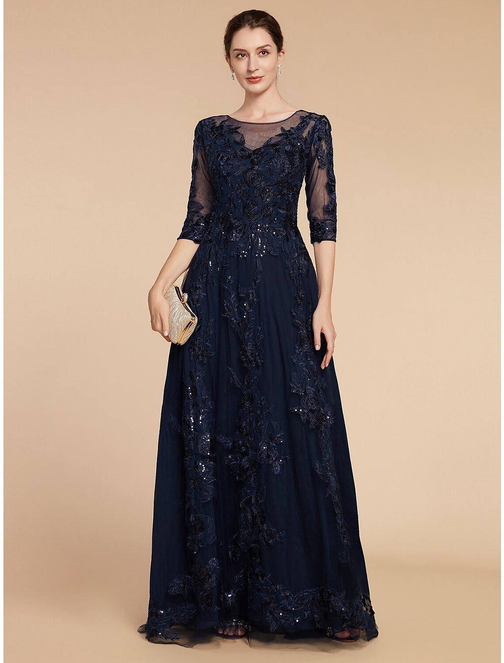 A-Line Mother of the Bride Dress Formal Wedding Guest Elegant Party Scoop Neck Floor Length Chiffon Lace 3/4 Length Sleeve with Sequin Appliques