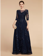 A-Line Mother of the Bride Dress Formal Wedding Guest Elegant Party Scoop Neck Floor Length Chiffon Lace 3/4 Length Sleeve with Sequin Appliques
