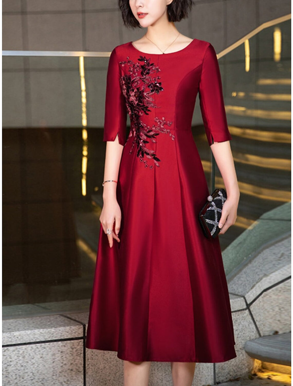 A-Line Mother of the Bride Dress Wedding Guest Vintage Elegant Petite Scoop Neck Tea Length Satin Half Sleeve with Crystals Sequin Embroidery
