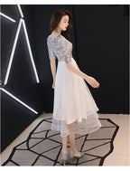 A-Line Sparkle White Cocktail Party Prom Dress Jewel Neck Half Sleeve Tea Length Satin with Sequin