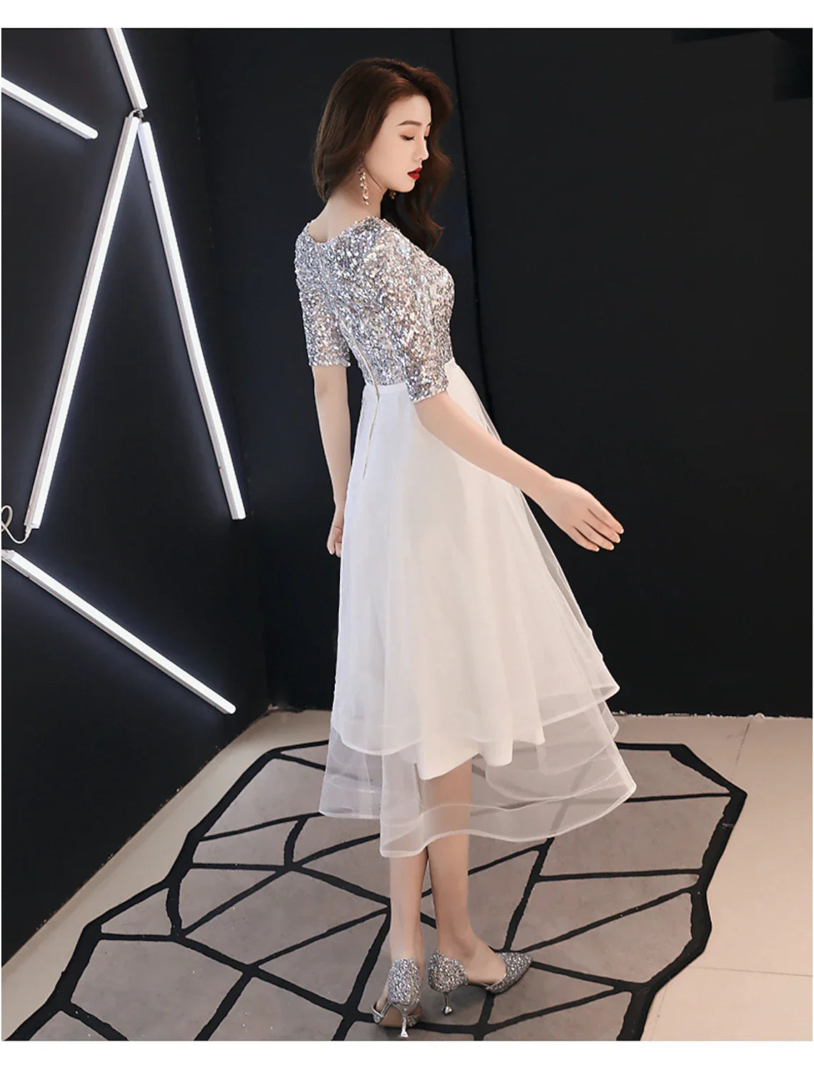 A-Line Sparkle White Cocktail Party Prom Dress Jewel Neck Half Sleeve Tea Length Satin with Sequin