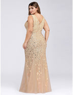 Evening Gown Plus Size Dress Wedding Guest Floor Length Sleeveless V Neck Lace V Back Appliques
