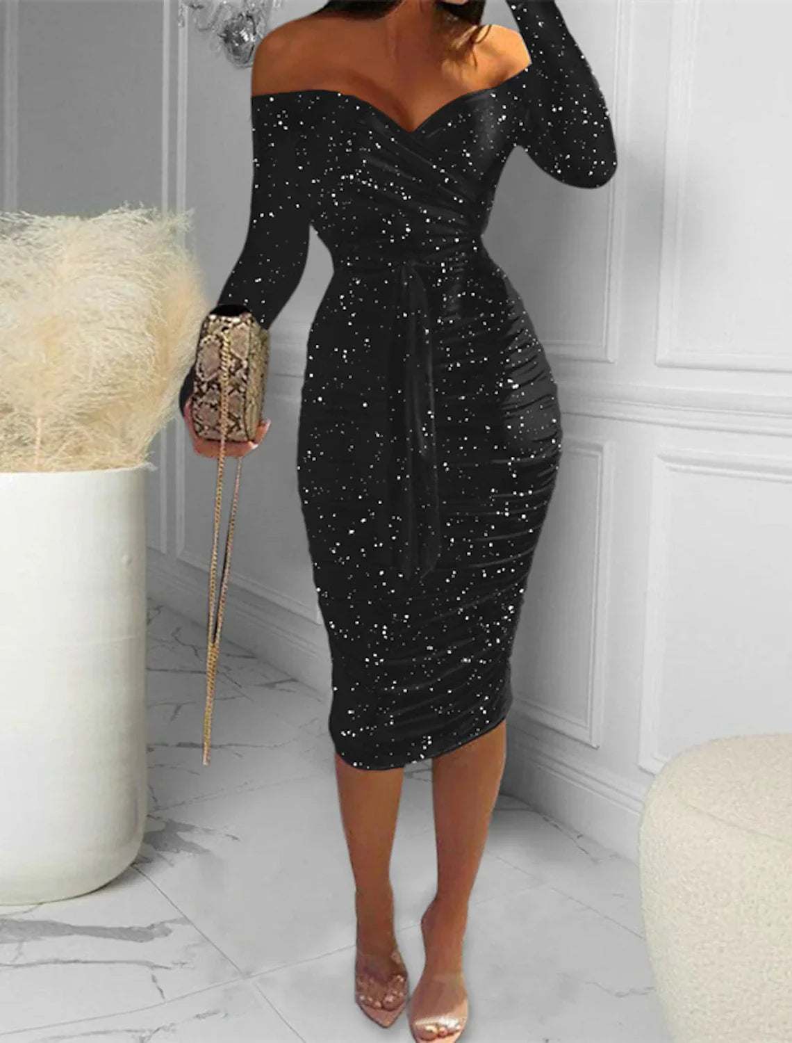 Sheath / Column Party Dresses Sparkle & Shine Dress Party Wear Wedding Party Knee Length Long Sleeve Off Shoulder Polyester with Sequin