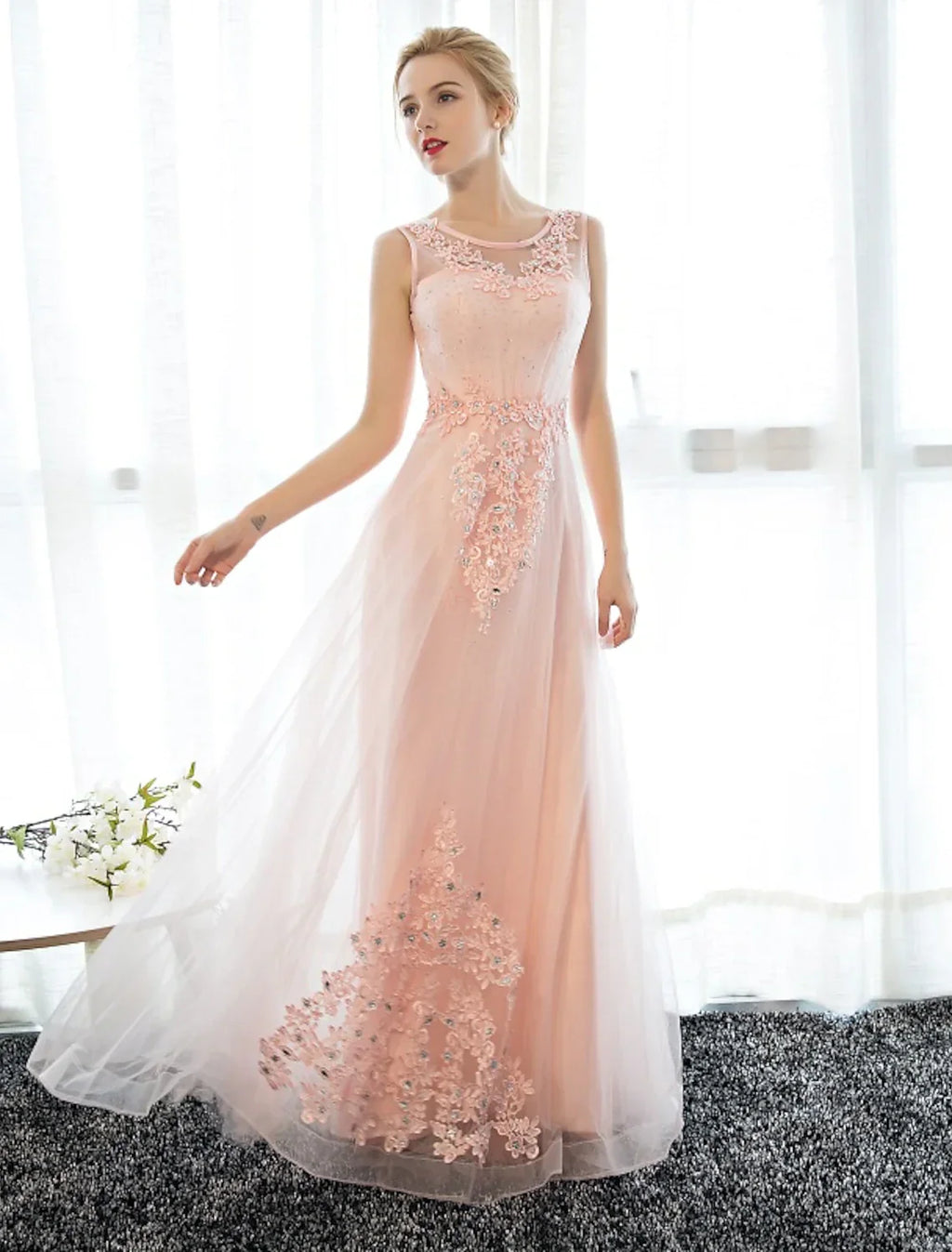 Sheath / Column Dress Wedding Guest Floor Length Sleeveless Illusion Neck Satin with Crystals Appliques