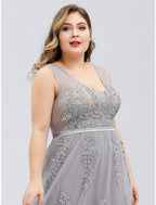 A-Line Prom Dresses Plus Size Dress Prom Floor Length Sleeveless V Neck Tulle V Back Beading Appliques