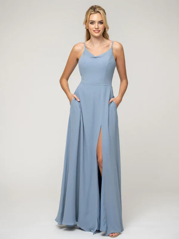 Bridesmaids Dress A Line Chiffon Cowl Neck Spaghetti Straps Elegant Wedding Party Gown