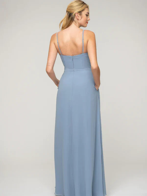 Bridesmaids Dress A Line Chiffon Cowl Neck Spaghetti Straps Elegant Wedding Party Gown