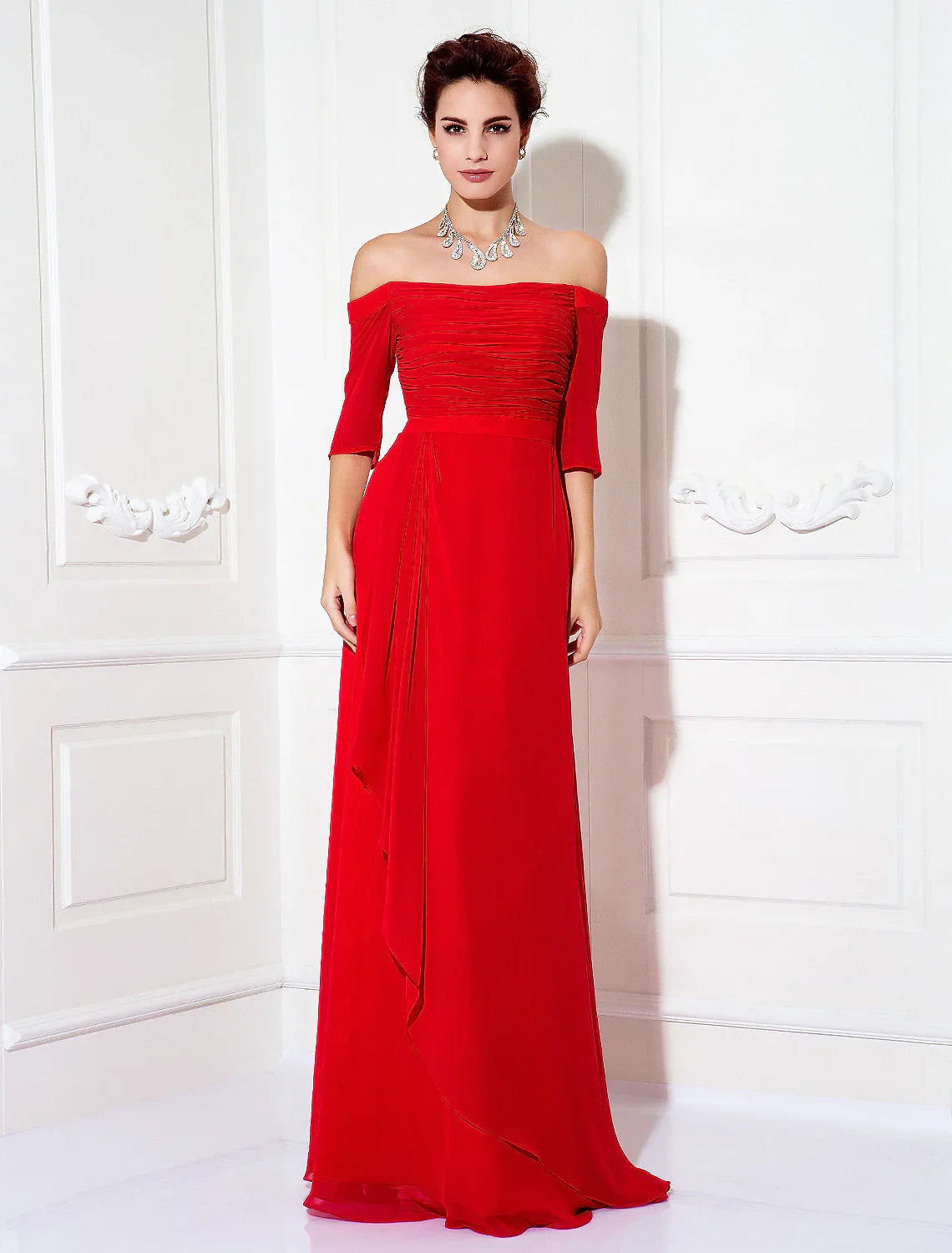 Sheath / Column Minimalist Dress Wedding Guest Sweep / Brush Train Half Sleeve Off Shoulder Chiffon with Ruched Draping