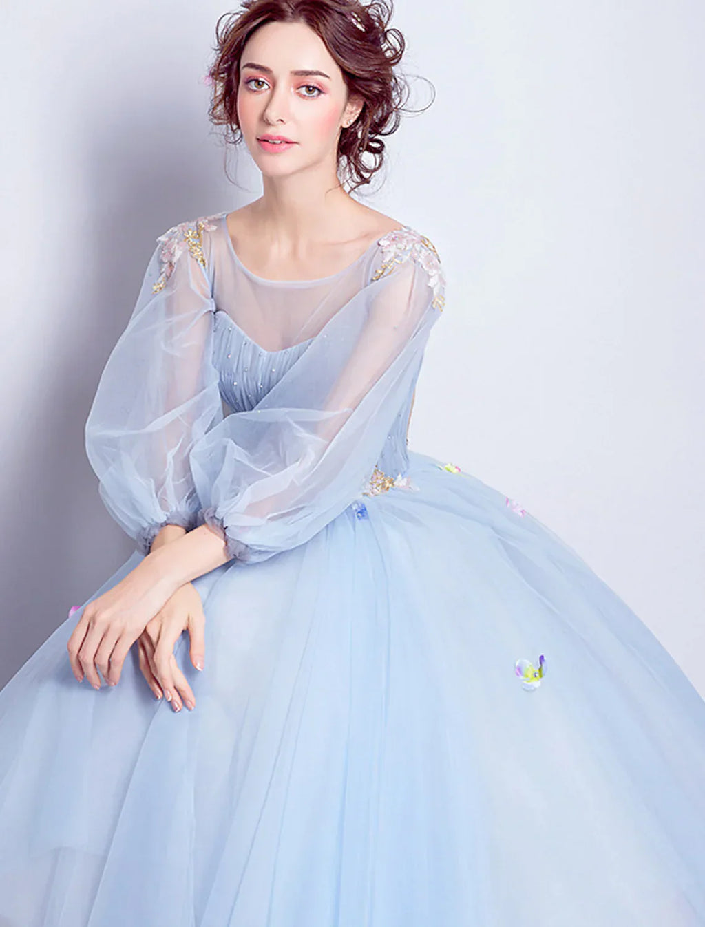 Elegant Floral Puffy Engagement Dress Neck Length SleeveFloor Length Tulle with Pleats Appliques