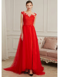 Evening Gown Elegant Dress Engagement Sleeveless Illusion Neck Lace with Slit Appliques