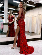 Mermaid / Trumpet Evening Gown Open Back Dress Formal Wedding Guest Sweep / Brush Train Sleeveless V Neck Tulle Backless with Slit Appliques