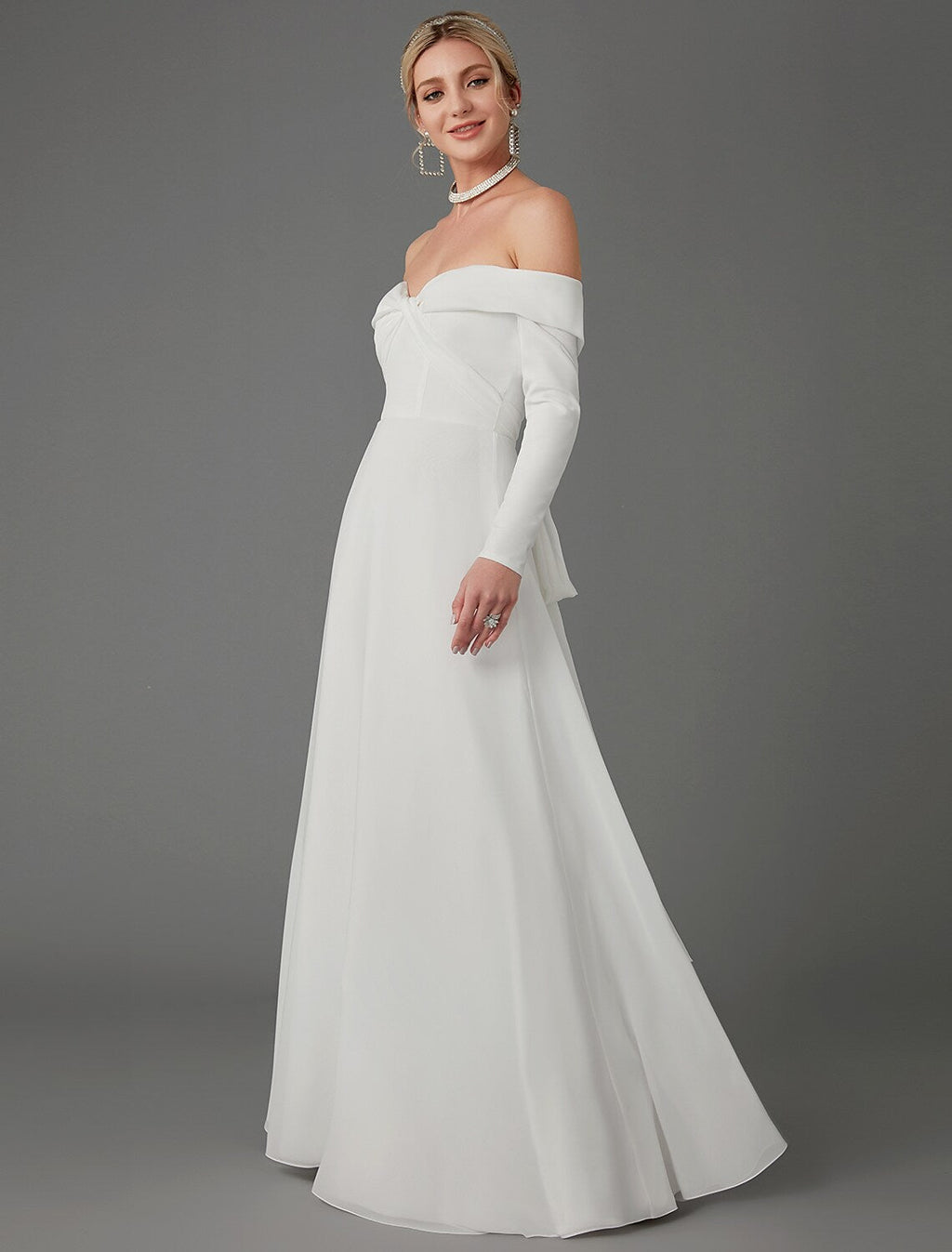 Engagement Formal Wedding Dresses A-Line Long Sleeve Off Shoulder Chiffon With