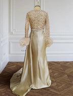 Mermaid / Trumpet Evening Gown Elegant Dress Formal Wedding Court Train Long Sleeve V Neck Satin with Feather Glitter Ruched