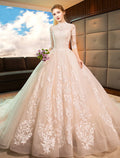 Engagement Open Back Formal Wedding Dresses  Princess Long Sleeve High Neck Lace With Sequin Appliques