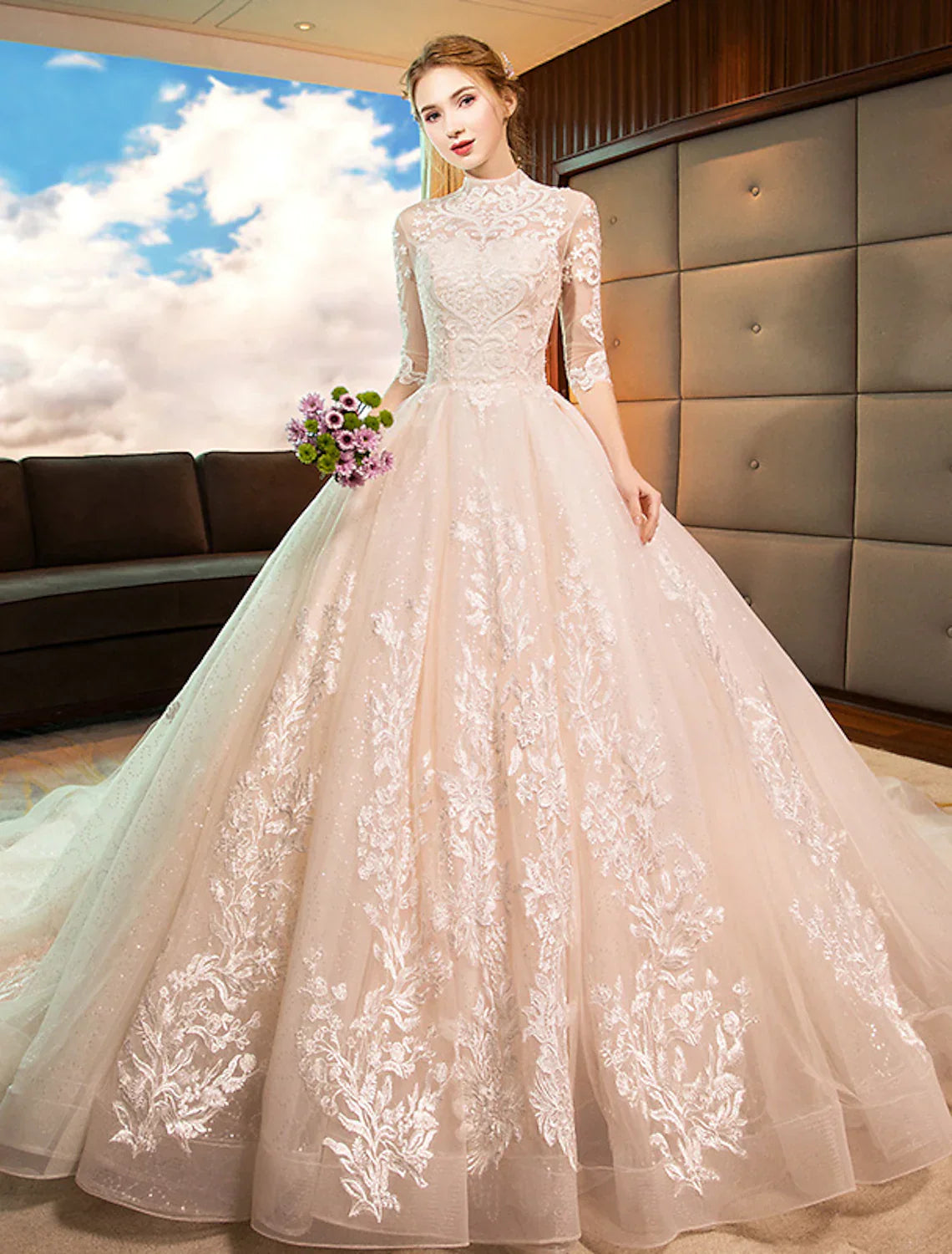 Engagement Open Back Formal Wedding Dresses  Princess Long Sleeve High Neck Lace With Sequin Appliques
