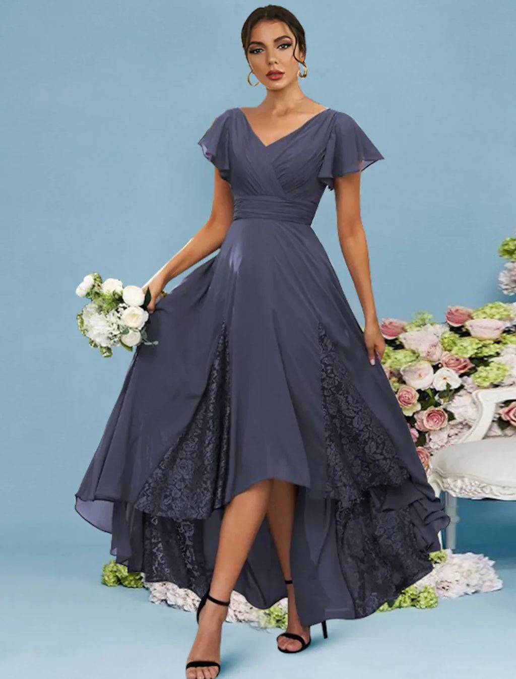 A-Line Bridesmaid Dress V Neck Sleeveless Sexy Asymmetrical Ankle Length Chiffon Lace with Ruffles