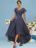 A-Line Bridesmaid Dress V Neck Sleeveless Sexy Asymmetrical Ankle Length Chiffon Lace with Ruffles