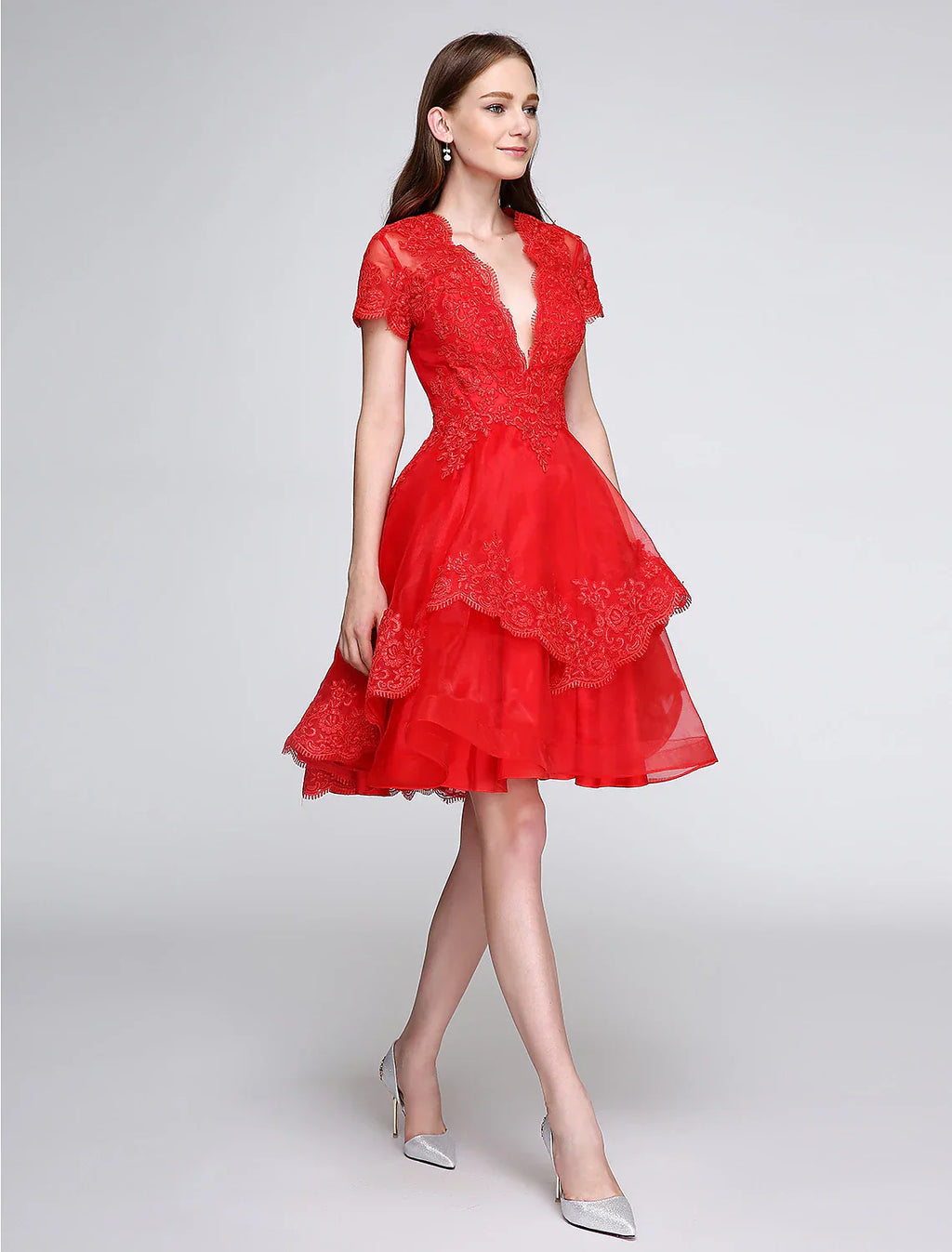 Ball Gown Cute Dress Cocktail Party Knee Length Short Sleeve Plunging Neck Organza with Buttons Appliques