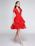 Ball Gown Cute Dress Cocktail Party Knee Length Short Sleeve Plunging Neck Organza with Buttons Appliques