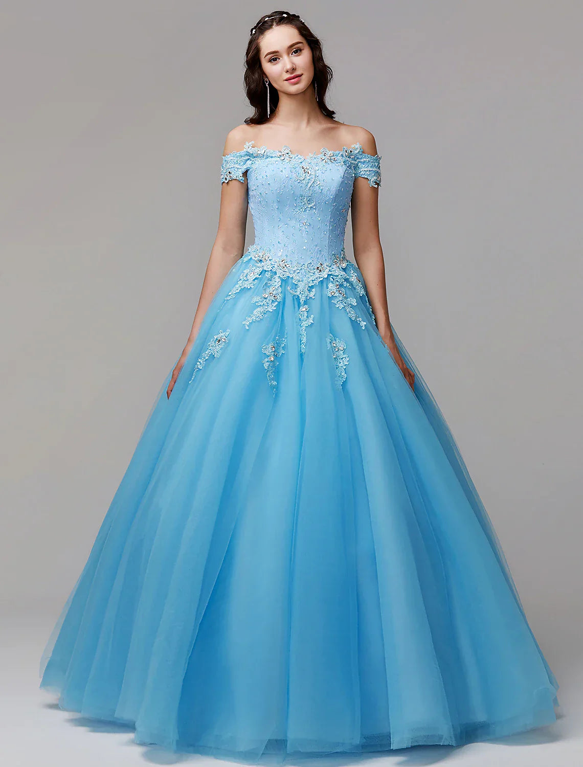 Vintage Dress Evening Floor Length Sleeveless Off Shoulder Lace Appliques