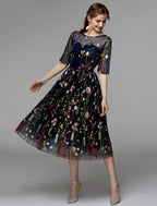A-Line Party Dress Holiday Tea Length Half Sleeve Illusion Neck Fall Wedding Guest Organza with Embroidery Appliques