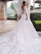 Engagement Open Back Formal Wedding Dresses A-Line Length Sleeve Off Shoulder Lace With