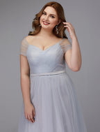 A-Line Elegant Dress Wedding Guest Cocktail Party Tea Length Short Sleeve Off Shoulder Tulle with Sash / Ribbon Criss