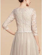 A-Line Mother of the Bride Dress Wedding Guest Elegant Petite Jewel Neck Knee Length Lace Tulle Half Sleeve with Pleats Solid Color