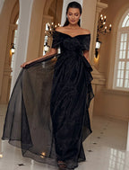 A-Line Evening Gown Sexy Dress Formal Floor Length Short Sleeve Off Shoulder with Ruffles Slit