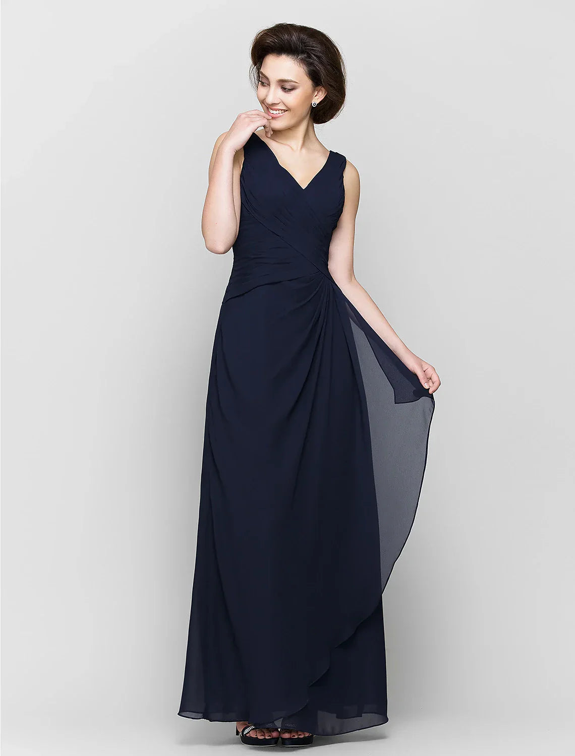 Sheath / Column Mother of the Bride Dress Convertible Dress V Neck Floor Length Chiffon 3/4 Length Sleeve with Criss Cross Cascading Ruffles