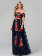 A-Line Prom Dresses Dress Wedding Guest Floor Length Sleeveless Off Shoulder Lace Over Tulle with Embroidery Appliques