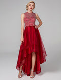 A-Line Sparkle & Shine Dress Wedding Guest Asymmetrical Sleeveless Jewel Neck Satin with Bow(s) Sequin