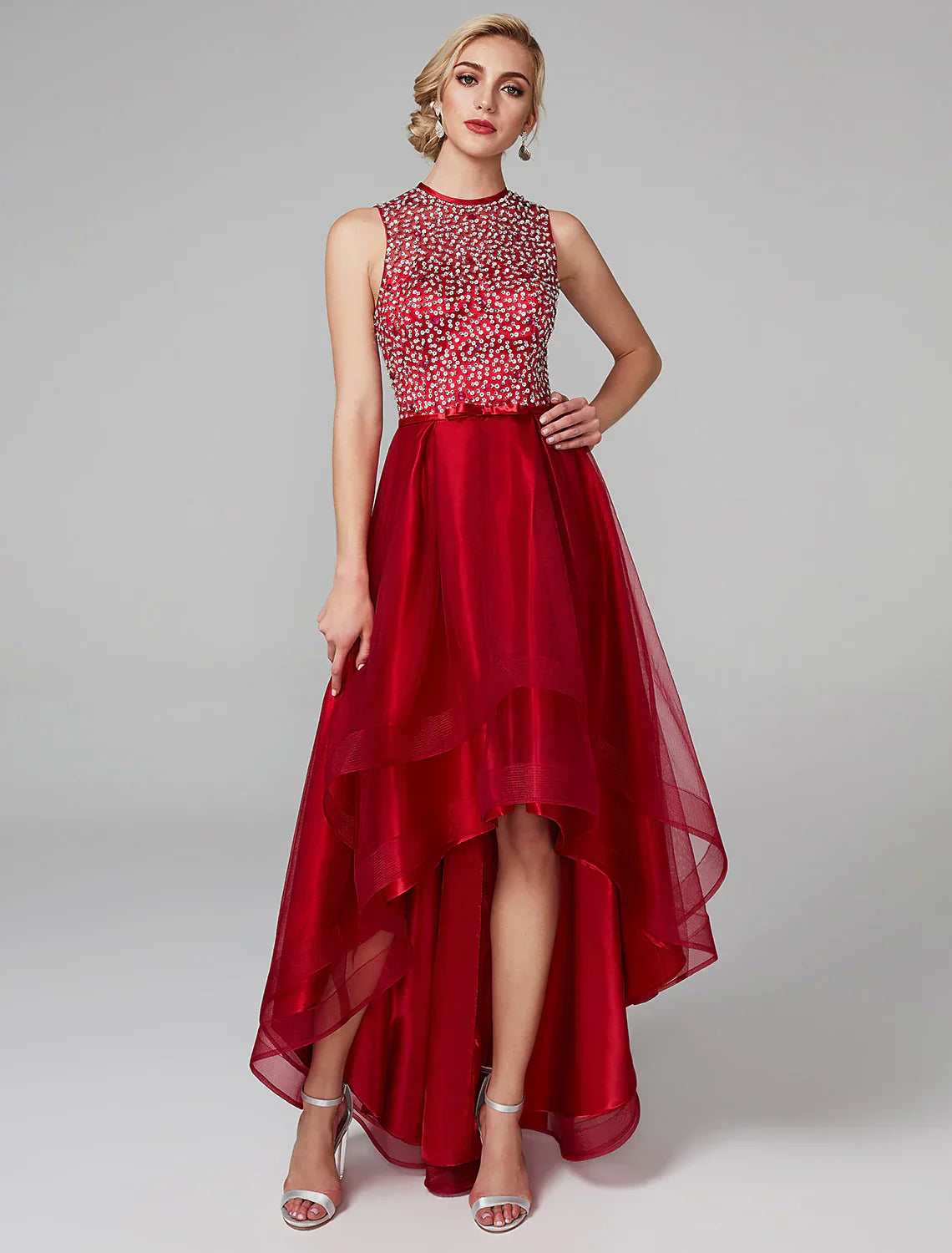 A-Line Sparkle & Shine Dress Wedding Guest Cocktail Party Asymmetrical Sleeveless Jewel Neck Satin with Bow(s) Sequin