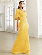 Mermaid / Trumpet Evening Gown Sparkle & Shine Dress Formal Fall Sweep / Brush Train Half Sleeve V Neck Sequined with Glitter