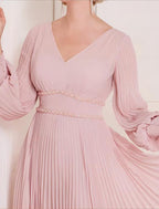 A-Line Mother of the Bride Dress Formal Wedding Guest Elegant Scoop Neck V Neck Tea Length Chiffon Long Sleeve with Crystals Ruching Solid Color
