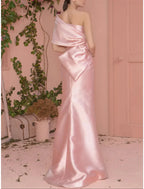 Mermaid / Trumpet Prom Dresses Celebrity Style Dress Engagement Formal Evening Floor Length Short Sleeve One Shoulder Satin with Bow(s)
