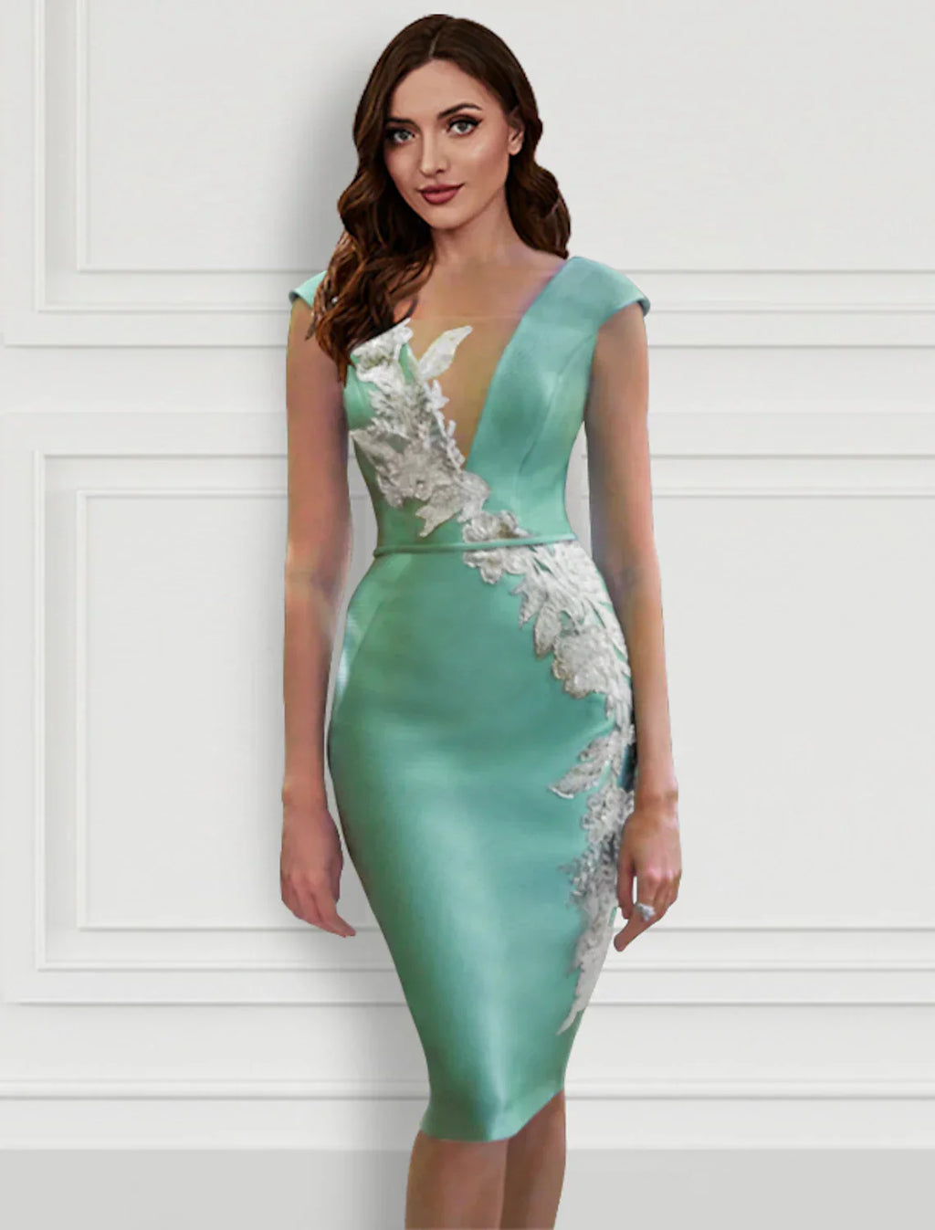 Two Piece Cocktail Dresses Floral Dress Formal Knee Length Long Sleeve V Neck Belt / Sash Satin with Appliques