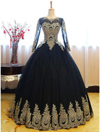 Luxurious Vintage Quinceanera Formal Evening Dress Long Sleeve Floor Length Lace Appliques