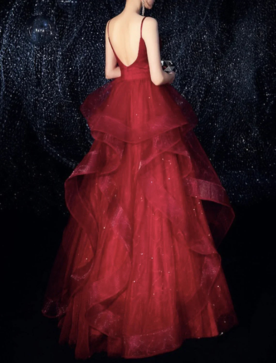 A-Line Sparkle Elegant Sparkle & Shine Engagement Formal Evening Dress Spaghetti Strap Sleeveless Floor Length Tulle with Tier
