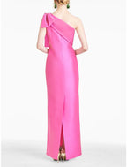 Sheath / Column Evening Gown Elegant Dress Formal Ankle Length Sleeveless One Shoulder Satin with Bow(s) Slit