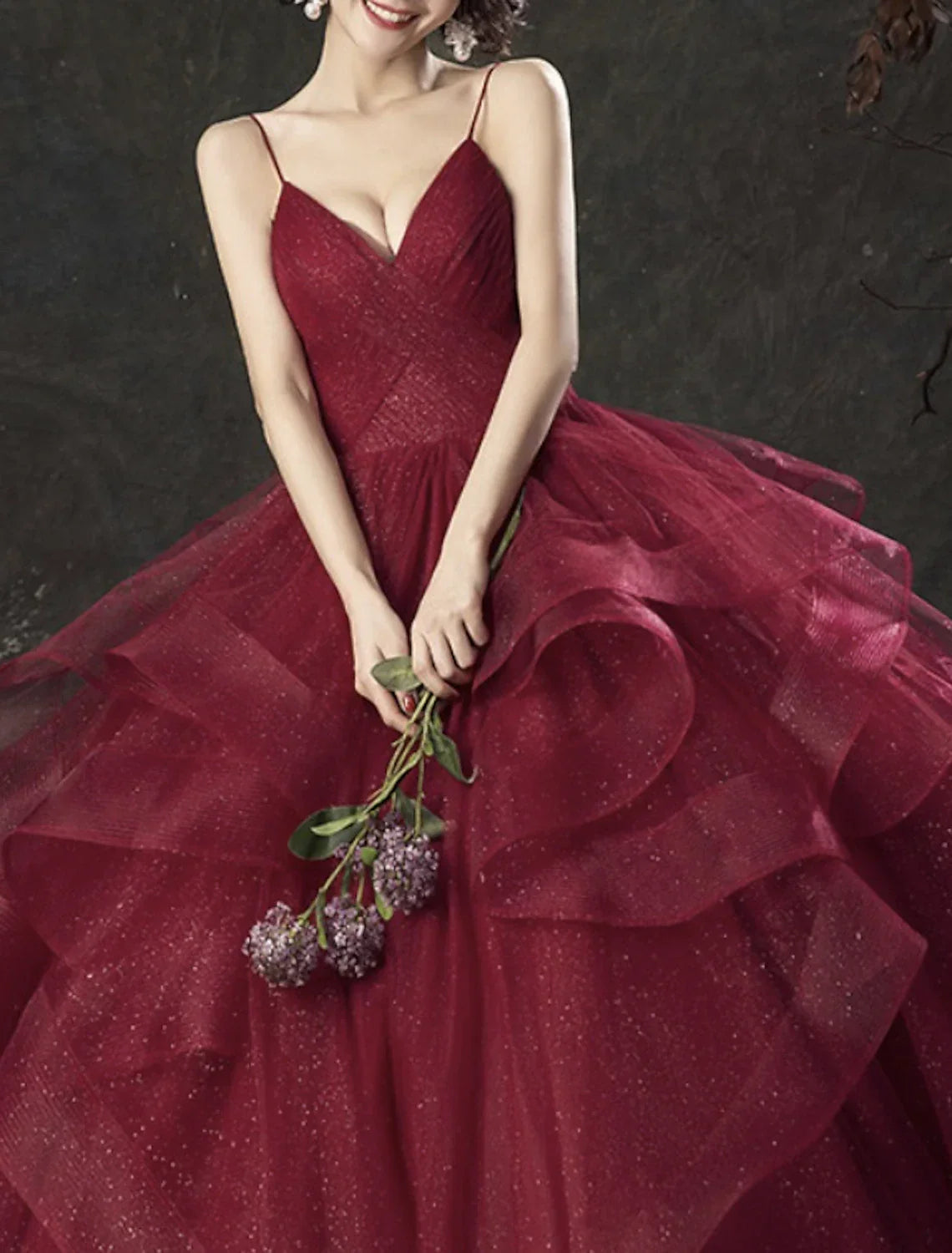 Ball Gown Glittering Luxurious Quinceanera Engagement Valentine's Day Dress V Neck Sleeveless Floor Length Tulle with Tier