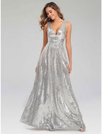 A-Line Prom Dresses Sparkle Dress Wedding Guest Floor Length Sleeveless V Neck Polyester V Back with Sequin