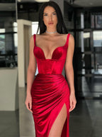 Sheath/Column Velvet Ruched V-neck Sleeveless Sweep/Brush Train Dresses