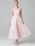 A-Line Prom Dresses Evening Party Ankle Length Short Sleeve Lace Zipper Applique