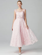A-Line Prom Dresses Evening Party Ankle Length Short Sleeve Lace Zipper Applique