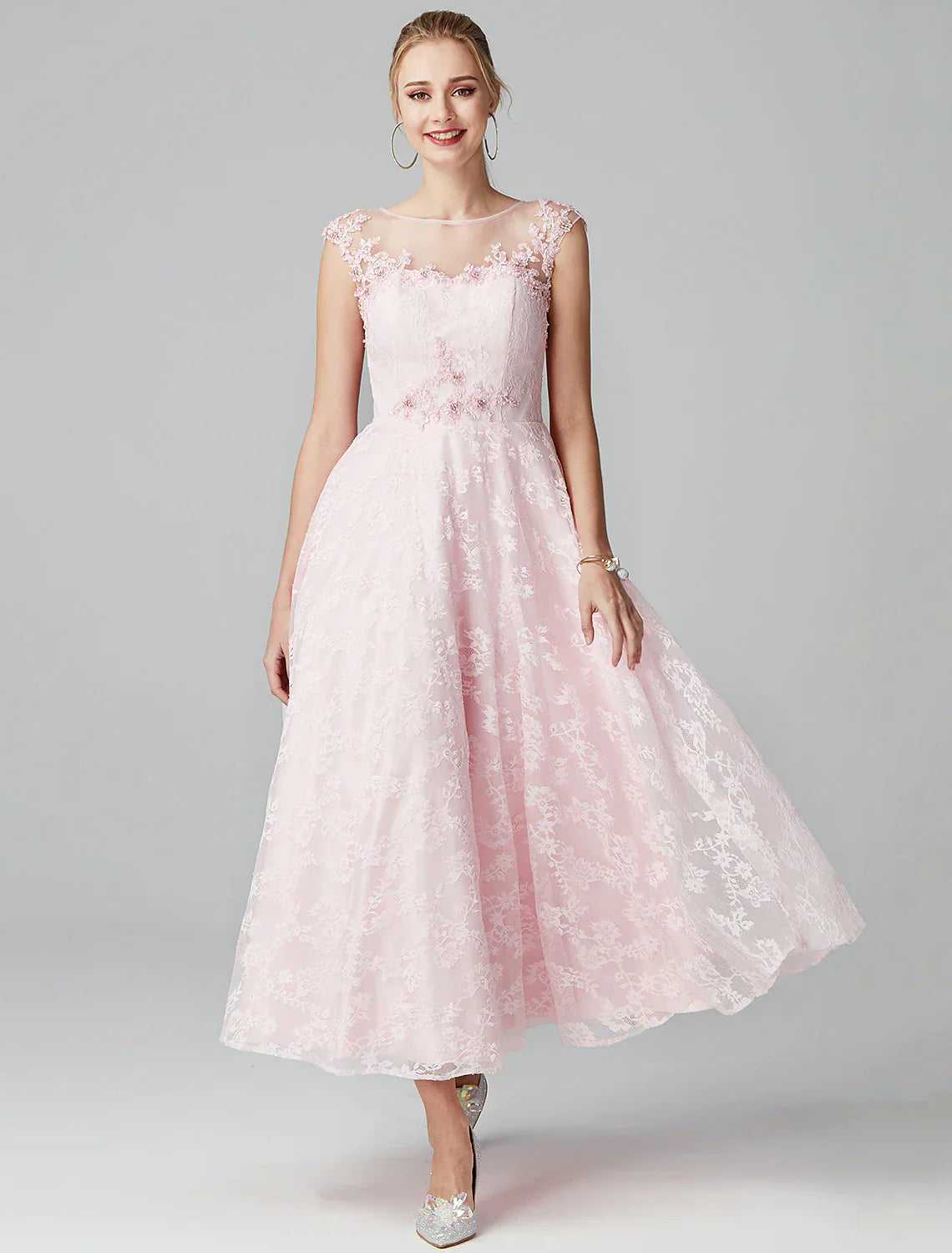 A-Line Prom Dresses Evening Party Ankle Length Short Sleeve Lace Zipper Applique