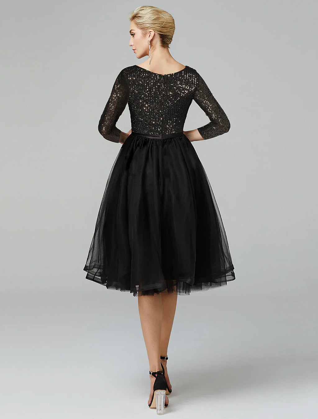 A-Line Cocktail Dresses Sparkle & Shine Dress Formal Tea Length 3/4 Length Sleeve Jewel Neck Fall Wedding Guest Tulle with Sequin