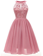 A-Line Cocktail Dresses Vintage Dress Graduation Party Wear Knee Length Sleeveless Jewel Neck Lace with Lace