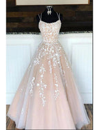 A-Line Prom Dresses Elegant Dress Engagement Floor Length Sleeveless Spaghetti Strap Tulle with Pleats Appliques