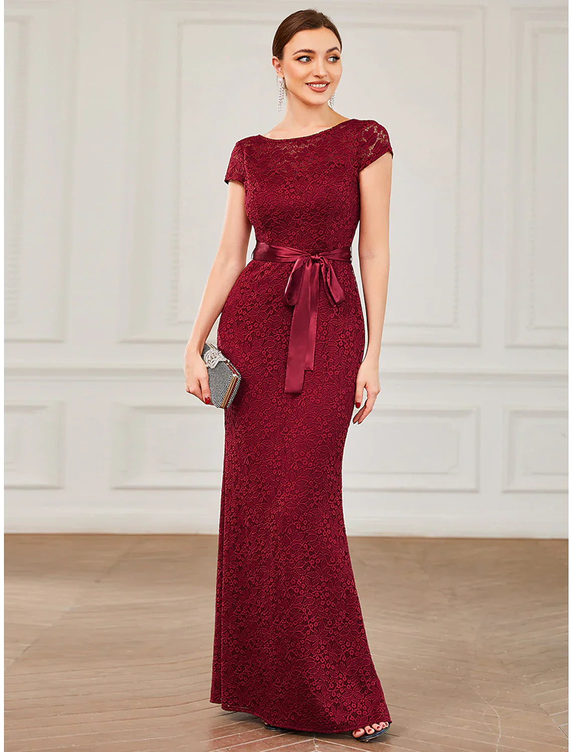 Evening Gown Vintage Dress Formal Floor Length Short Sleeve Jewel Neck Lace V Back with Strappy